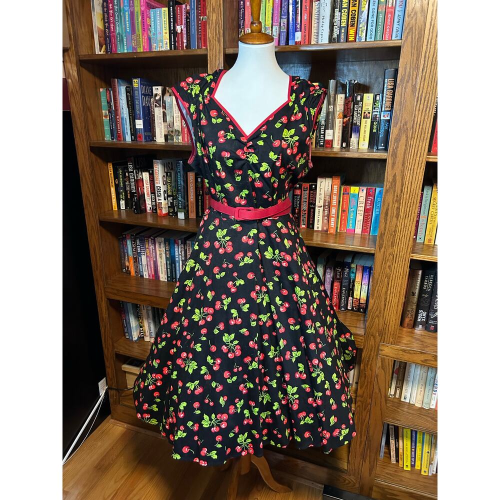Stunning 50s pinup dress with cherries, belt, and crinoline